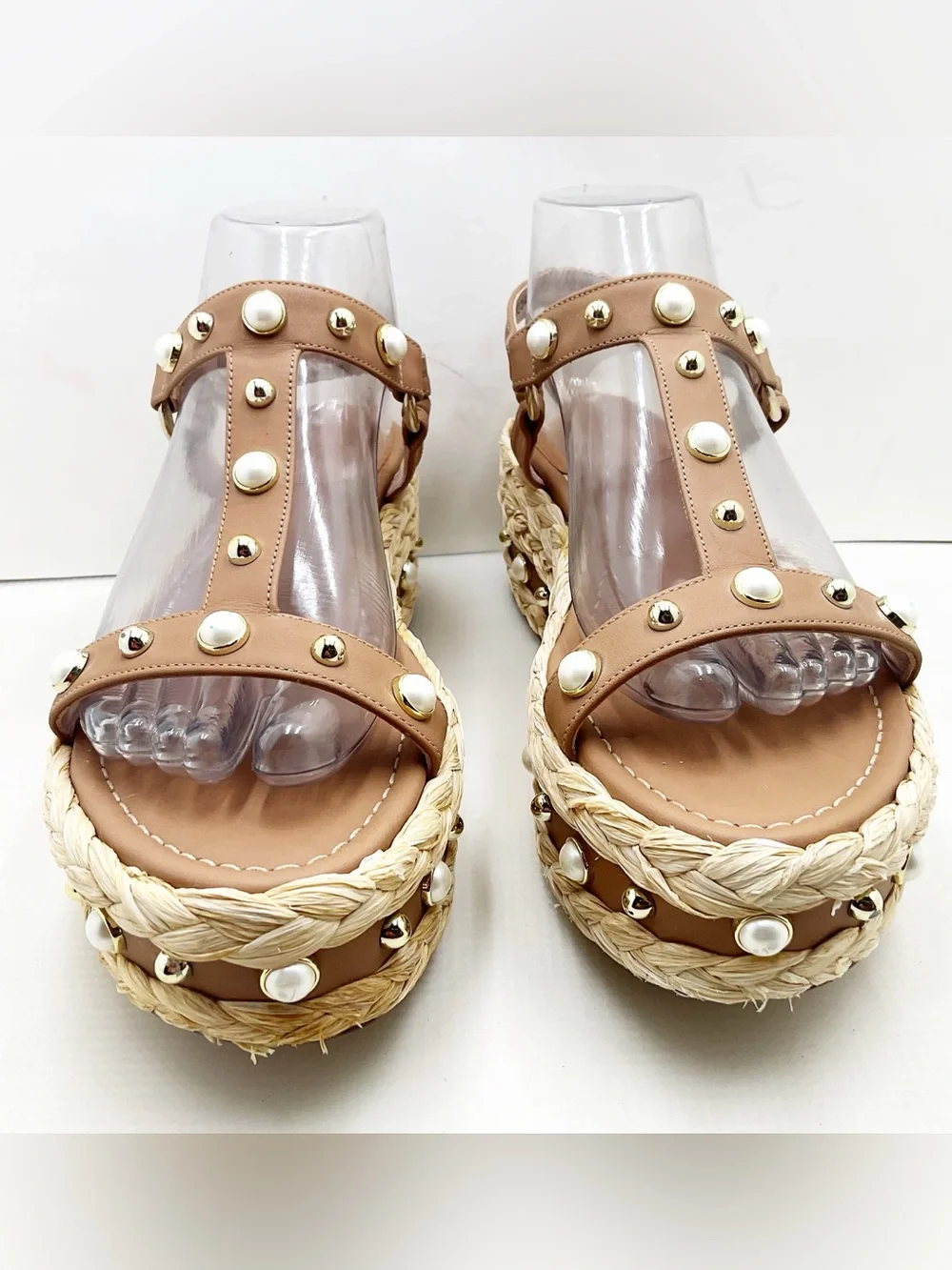 {Stuart Weitzman} Beraffia Pearl Studded Platform Sandals